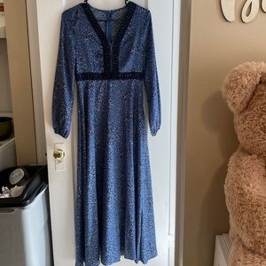 SHEIN Clasi Dalmatian Print Guipure Lace Insert Lantern Sleeve Dress. Modest.